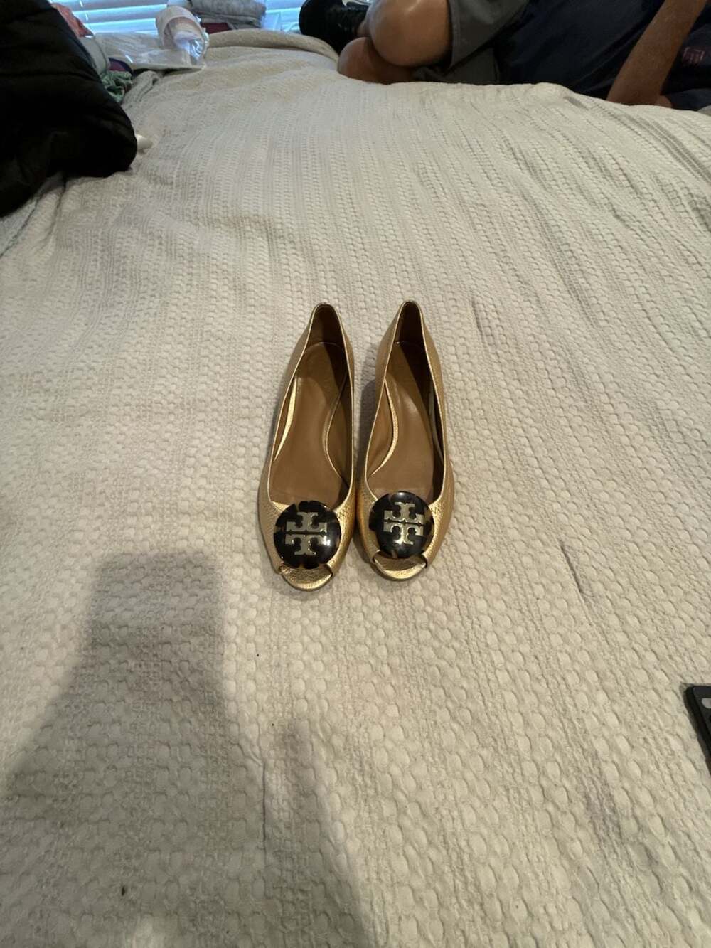 Tory Burch Gold Metallic Leather Tortoise Shell Logo Wedge Pumps